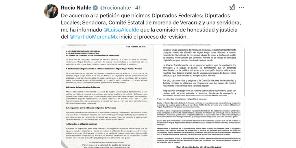 MORENA da entrada al proceso de revisión de la militancia de Yunes&nbsp;Márquez